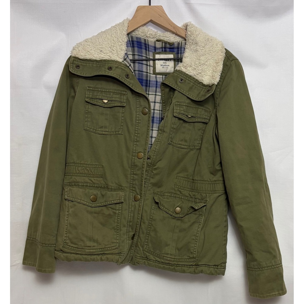 Old Navy Field Jacket Womens Medium Green Excellent Sherpa Collar Plaid Lined